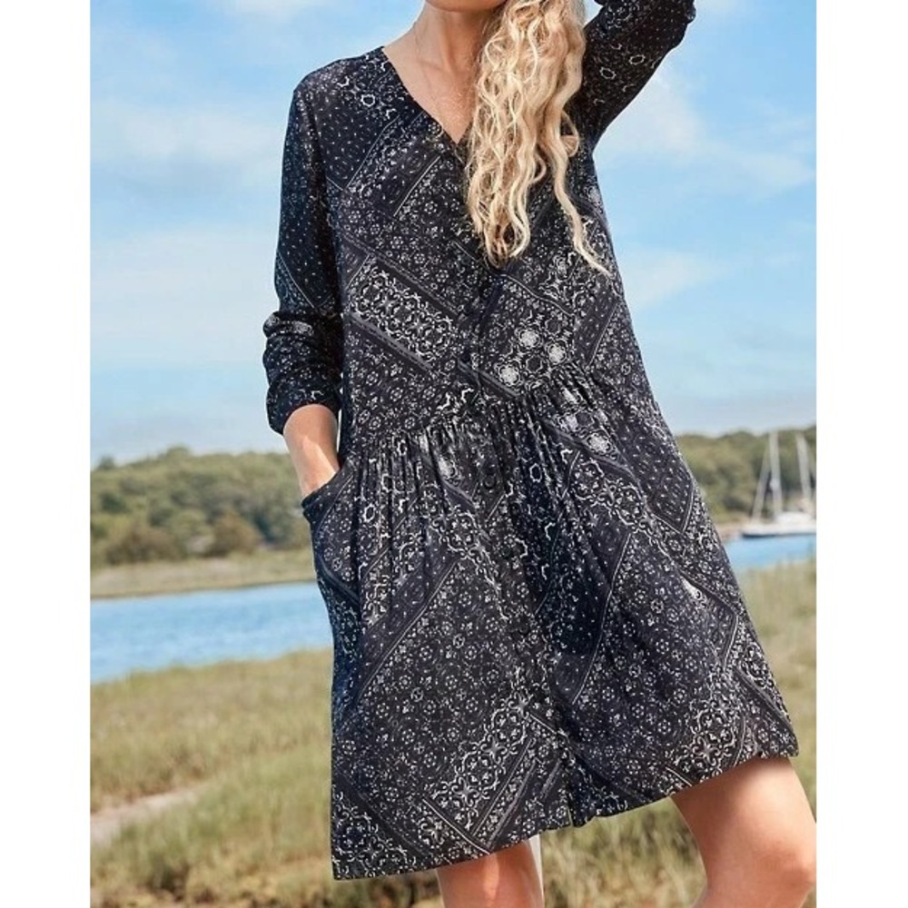 Garnet Hill Navy Dropwaist Bandana Print Button Up Shirt Dress 16 Relaxed Boho